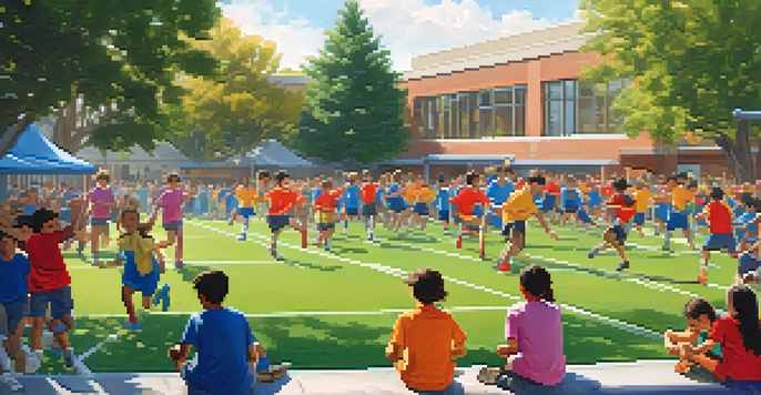 A colorful outdoor sports day event at a school, featuring students in action and cheering.
