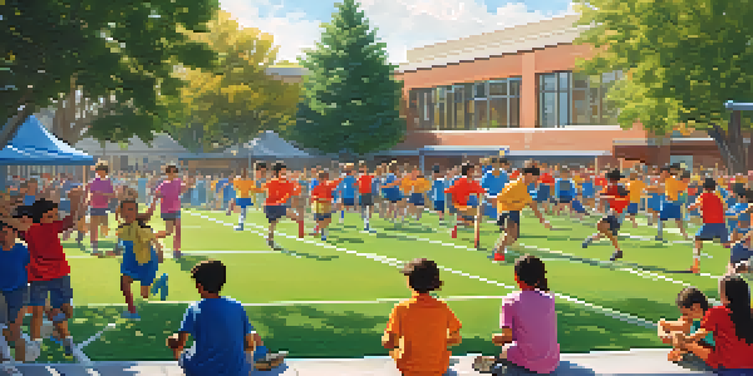 A colorful outdoor sports day event at a school, featuring students in action and cheering.