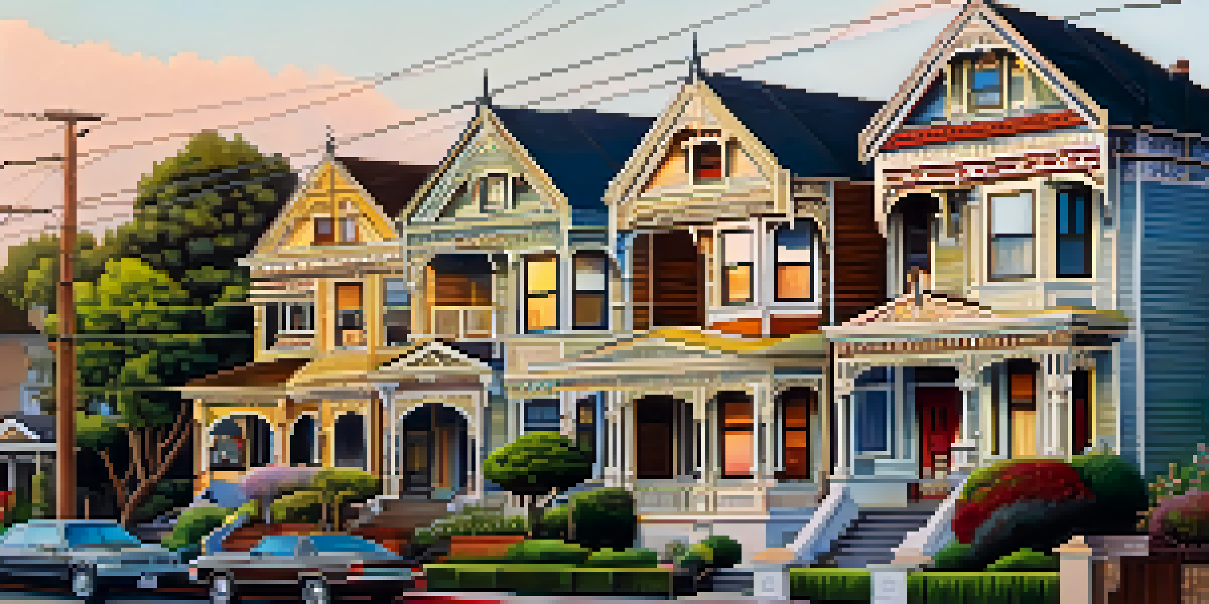 A scenic street in Redwood City featuring beautifully detailed Victorian houses in vibrant colors under warm evening light.