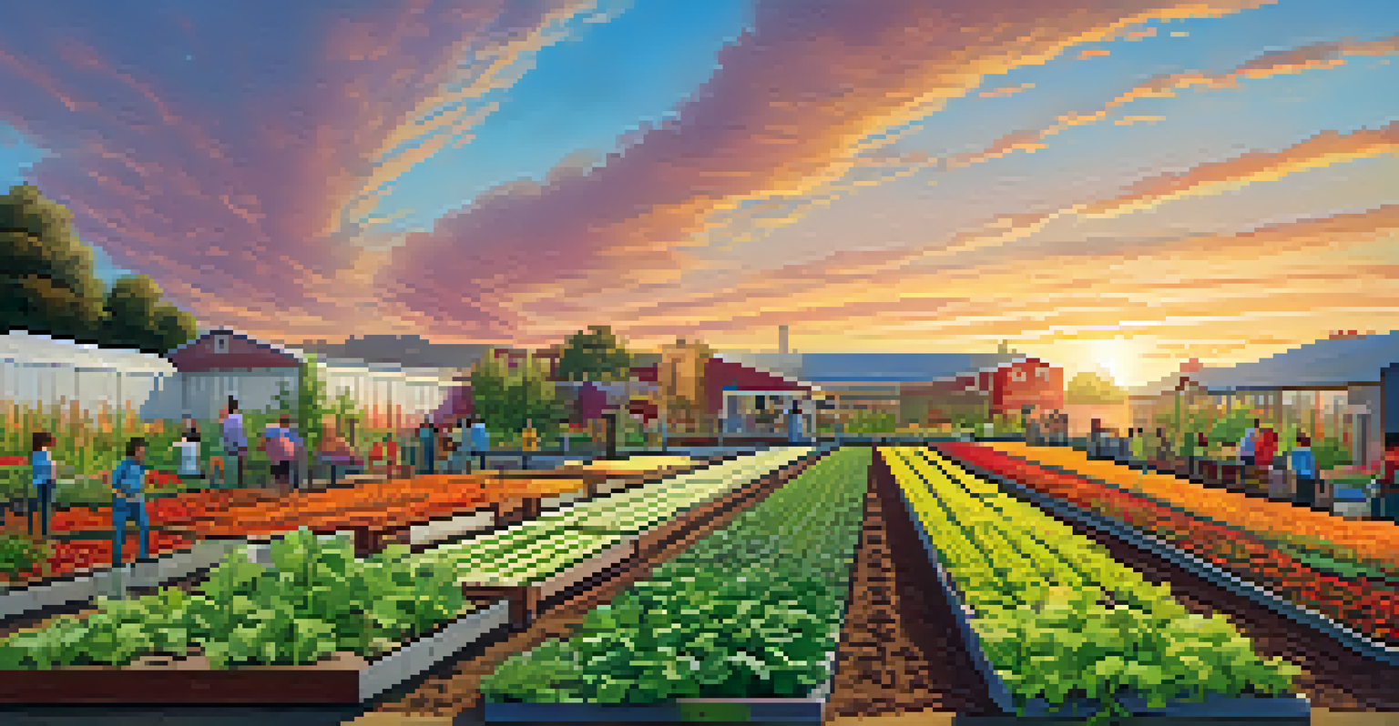 A panoramic view of an urban farm with rows of crops and a vertical garden, set against the backdrop of city buildings during sunset.