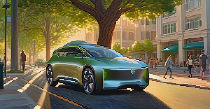 A self-driving car on a street lined with trees, sunlight creating shadows, and people in a park nearby.