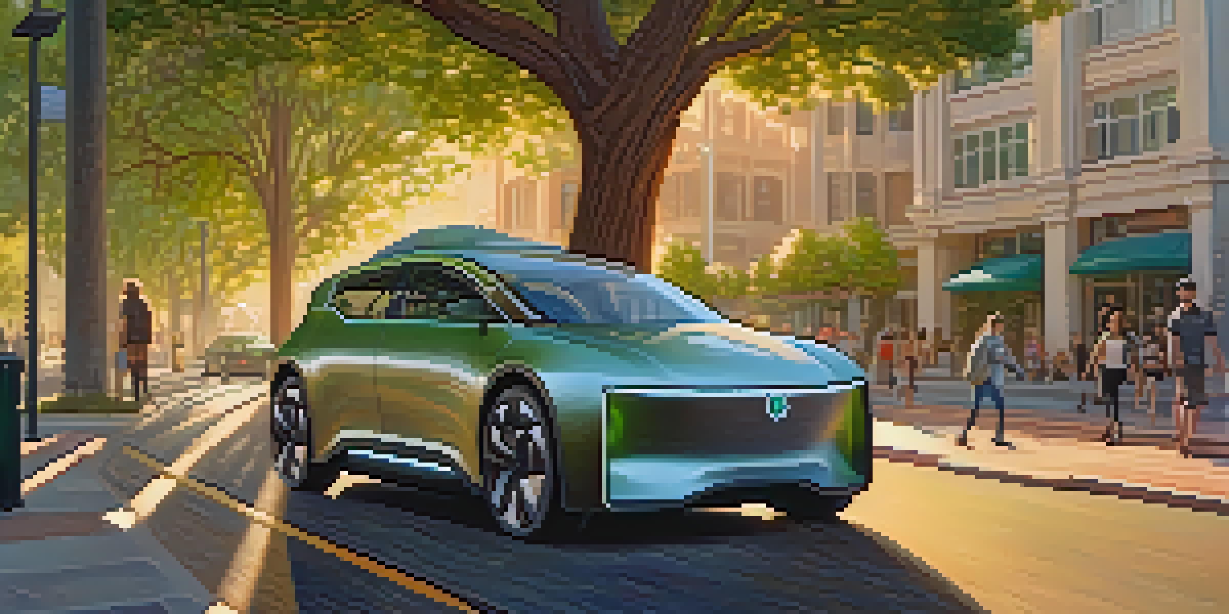 A self-driving car on a street lined with trees, sunlight creating shadows, and people in a park nearby.
