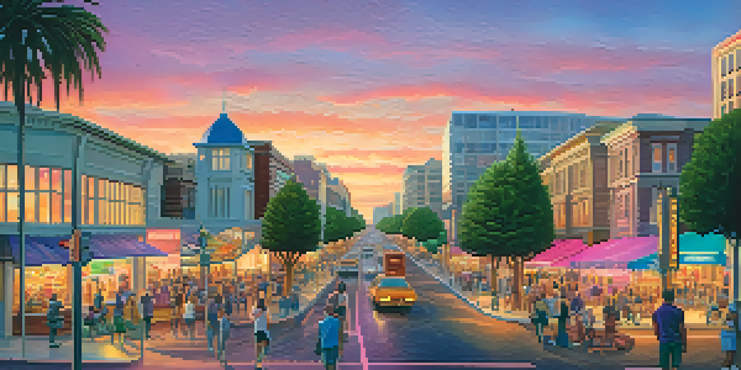 A sunset view of Redwood City with diverse buildings and people engaged in community activities amidst colorful skies.