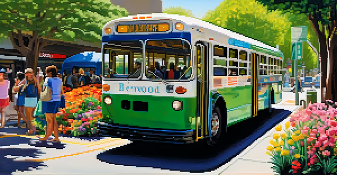 A colorful shuttle bus at a stop in Redwood City with people boarding and flowers blooming around.