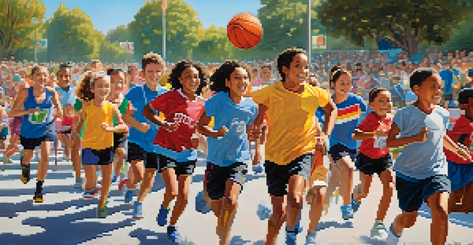 A lively community sports event with people of various ages participating in different sports, surrounded by spectators and colorful decorations under a clear blue sky.