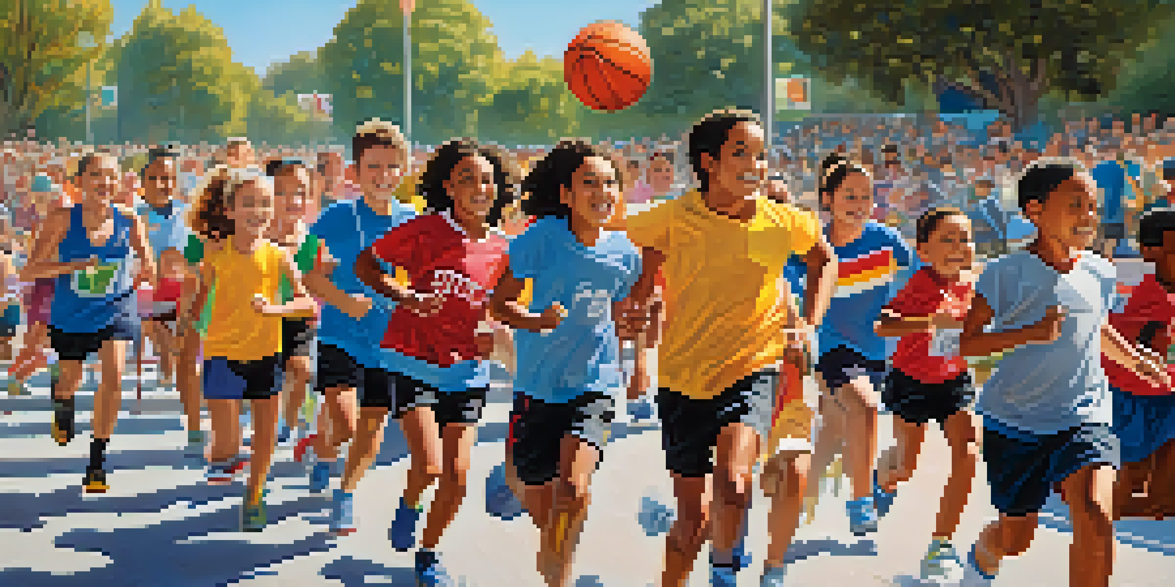 A lively community sports event with people of various ages participating in different sports, surrounded by spectators and colorful decorations under a clear blue sky.