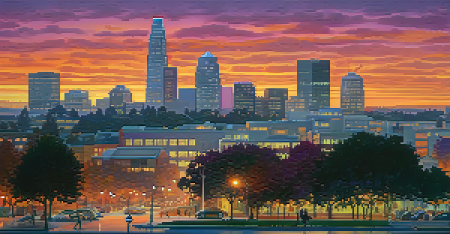 The skyline of Redwood City at sunset, featuring silhouettes of buildings and trees with a colorful sky.