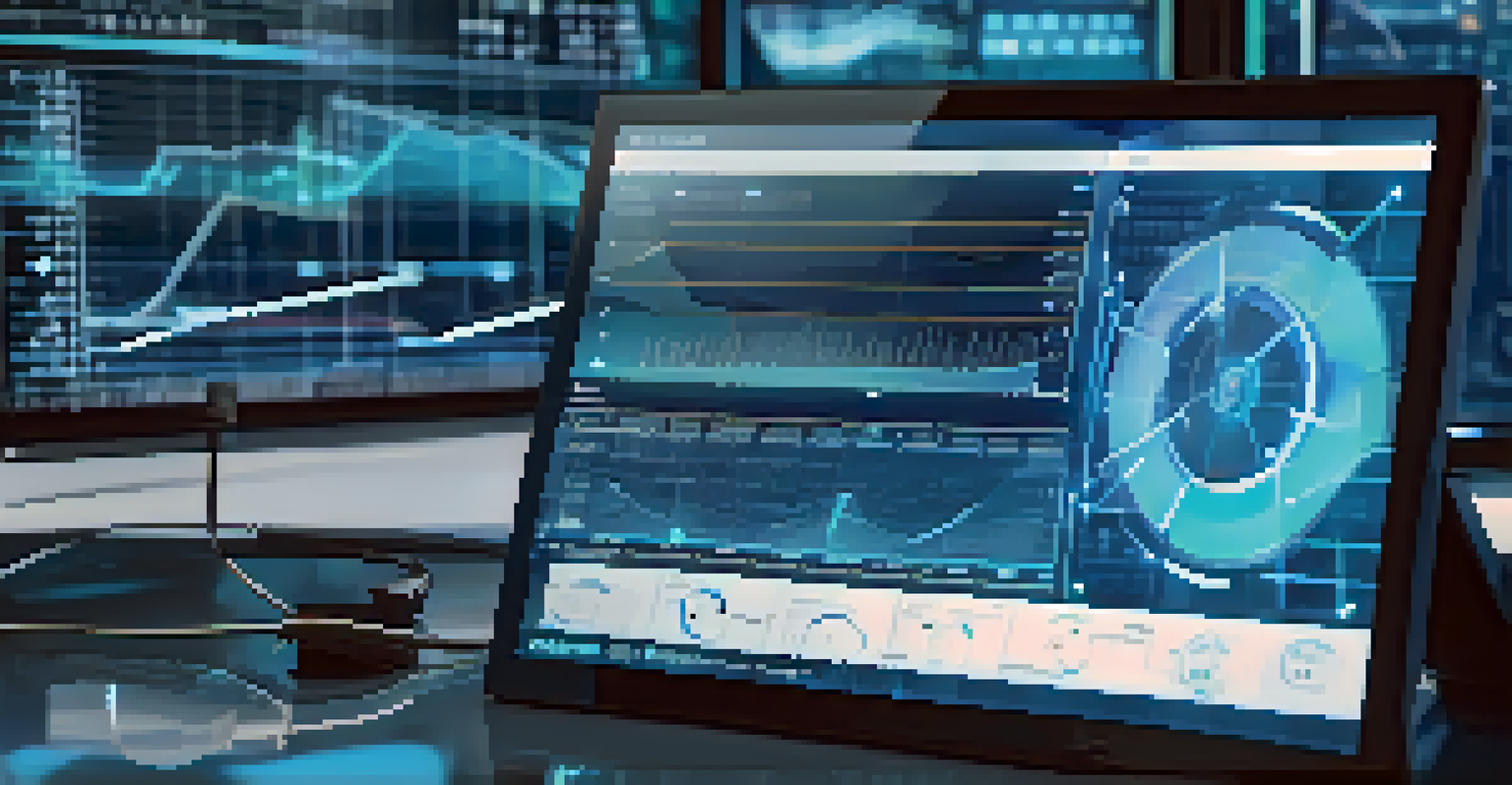 A high-tech device showing real-time data analytics with futuristic interfaces and graphs in a sleek blue light.