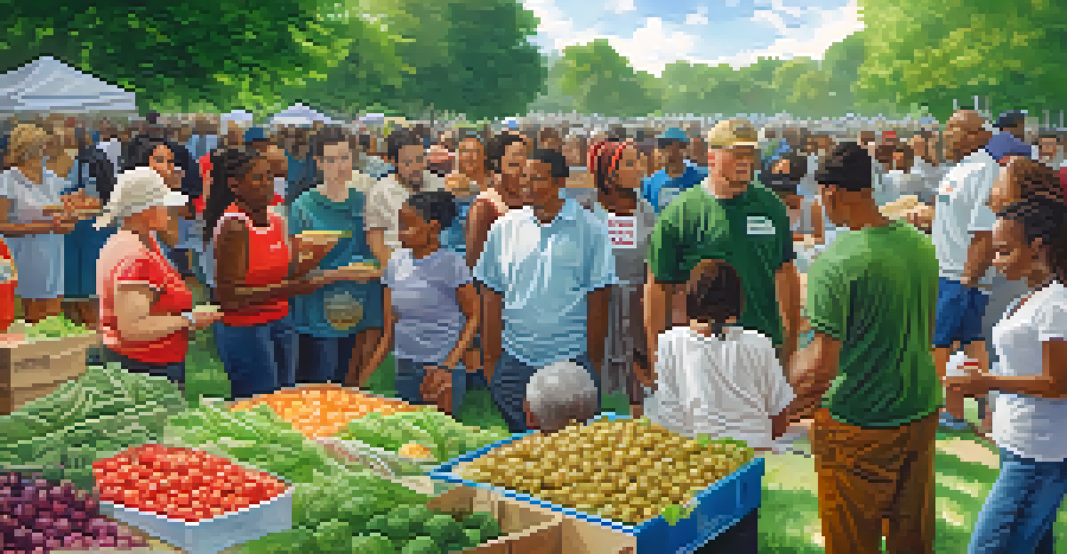 A community gathering in a park for a food drive, with diverse people sorting food items under a banner that says 'Support Local', surrounded by trees and soft light.