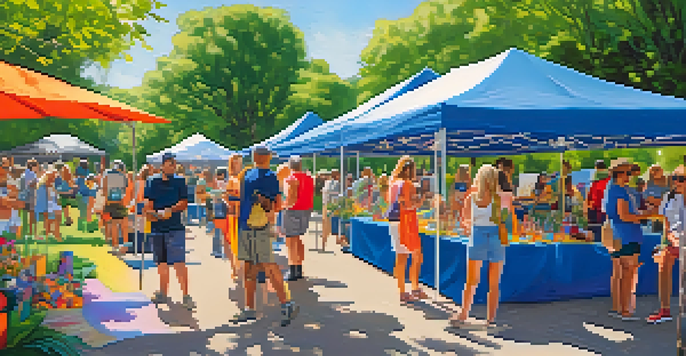 A lively outdoor art festival scene with colorful installations, families participating in workshops, and local artists displaying their creations in a park filled with greenery.