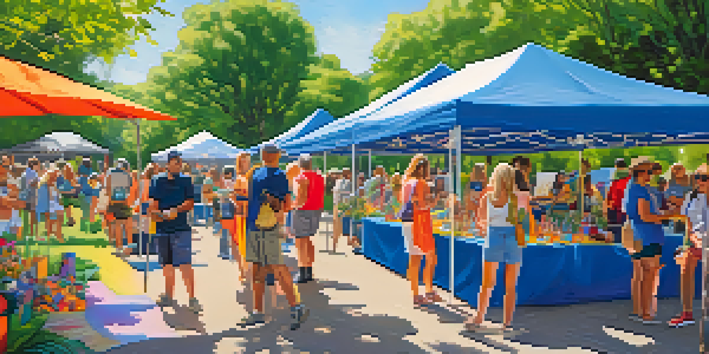 A lively outdoor art festival scene with colorful installations, families participating in workshops, and local artists displaying their creations in a park filled with greenery.