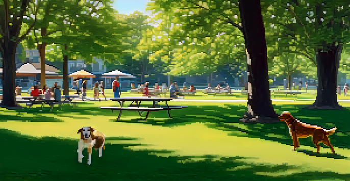 A family having a picnic in a sunny park with a dog running happily among green grass and blooming flowers.