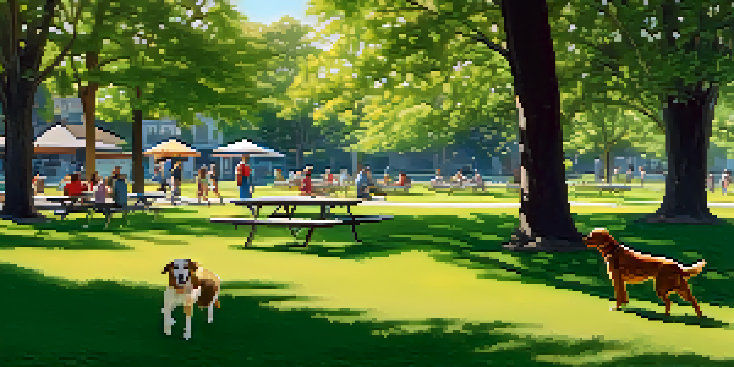 A family having a picnic in a sunny park with a dog running happily among green grass and blooming flowers.
