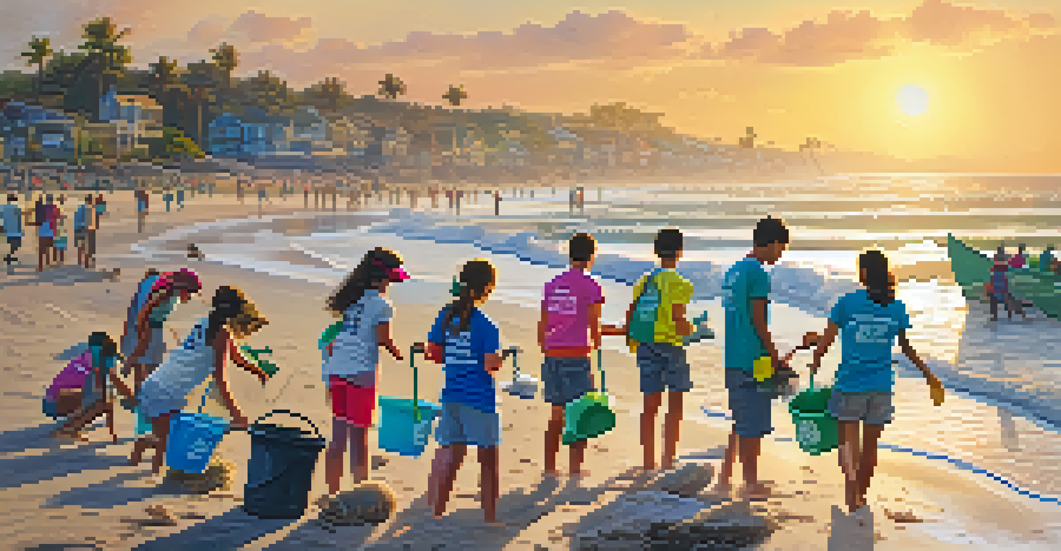 Young volunteers participating in a beach clean-up, collecting trash by the ocean.