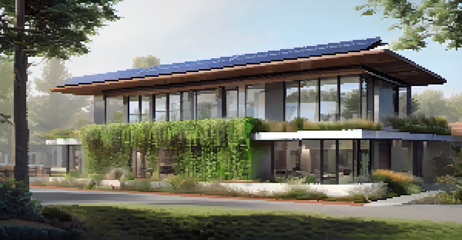 A modern green building in Redwood City with solar panels and vertical gardens.
