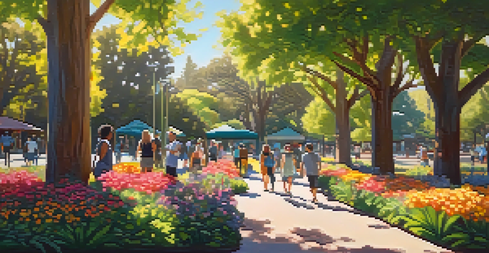 A peaceful park in Redwood City with a community art installation and people interacting with it amidst greenery and colorful flowers.