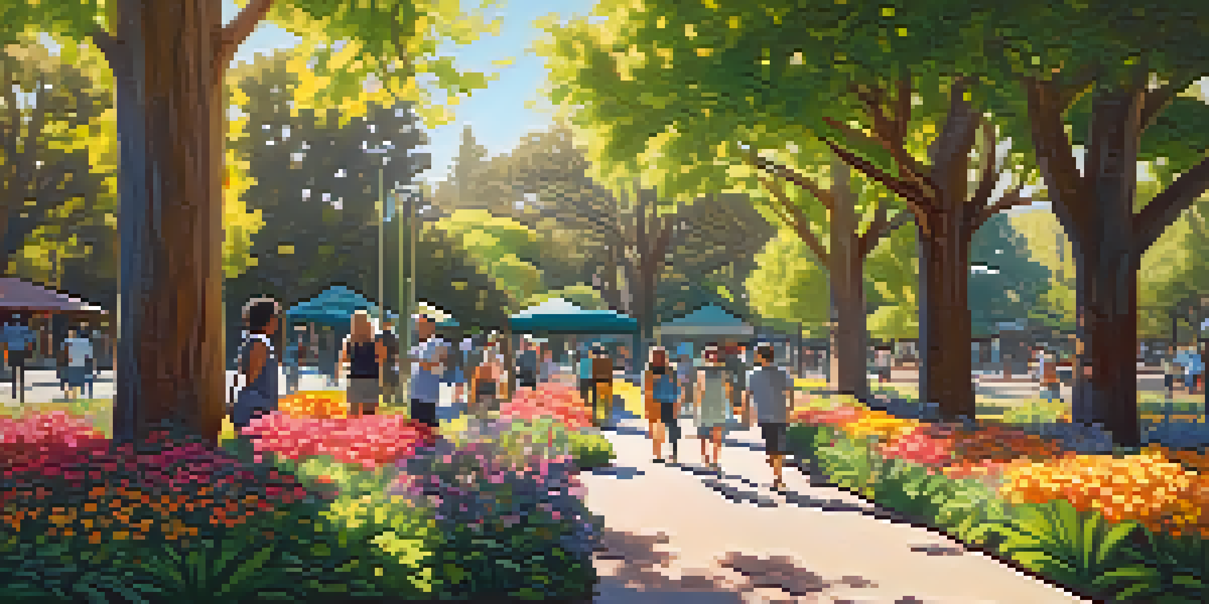A peaceful park in Redwood City with a community art installation and people interacting with it amidst greenery and colorful flowers.