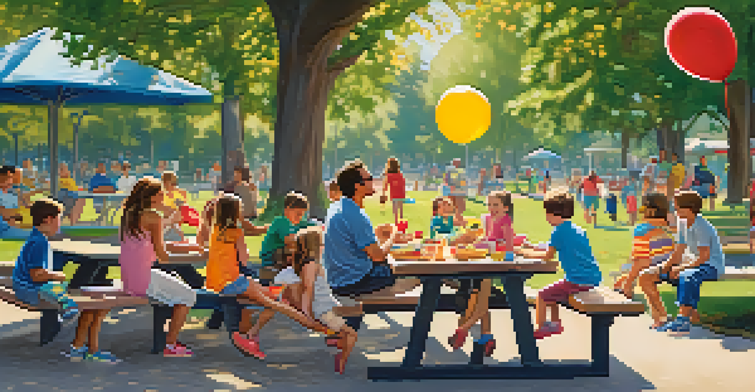 A lively family picnic at Muir Park, with children playing and food on tables, surrounded by trees.