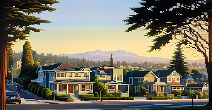 A scenic view of Redwood City featuring Craftsman homes and modern buildings under warm sunlight.