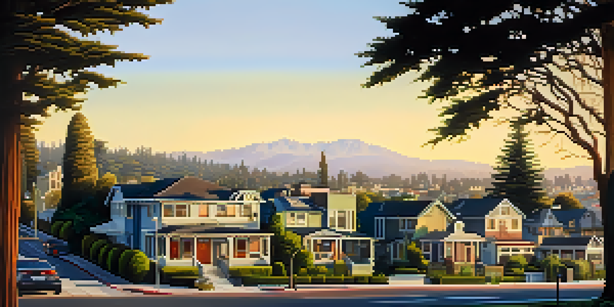 A scenic view of Redwood City featuring Craftsman homes and modern buildings under warm sunlight.