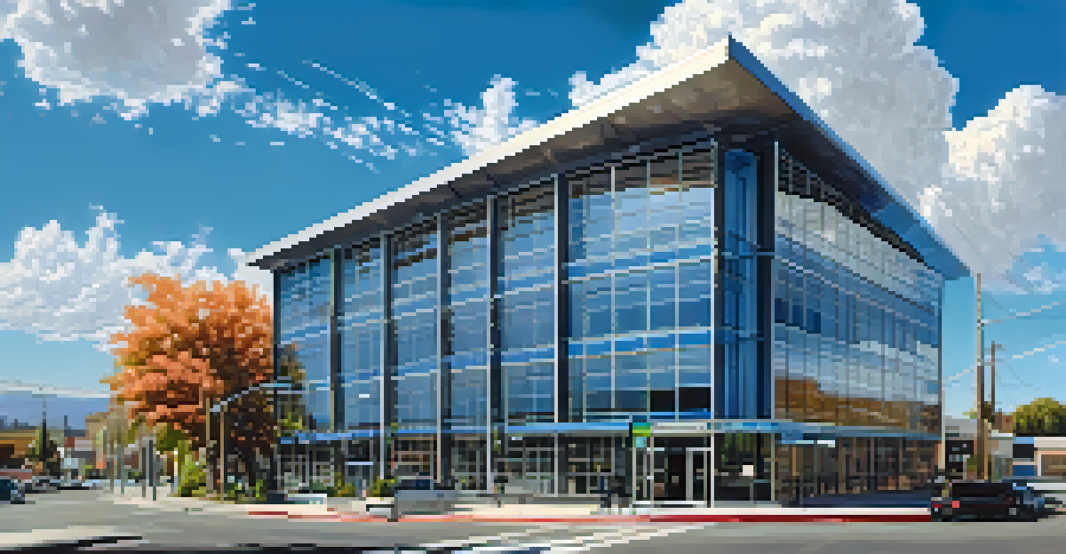 A modern city-owned building in Redwood City with prominent solar panels on its roof, set against a bright blue sky.
