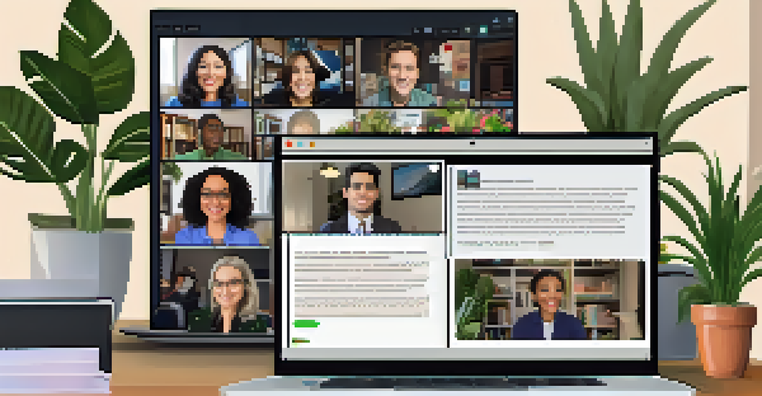 A laptop screen showing a virtual town hall meeting with diverse participants discussing in an inviting home office environment.