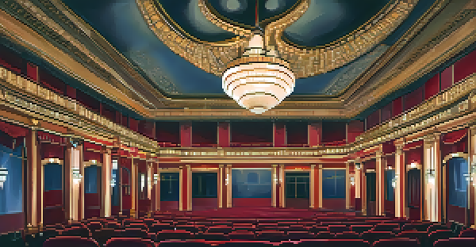 An ornate historic theater interior with red velvet seats and a chandelier, set for a classic film screening.