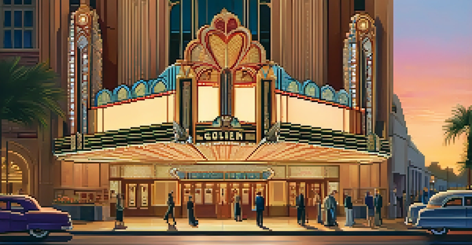 An exterior view of the Fox Theatre at sunset, highlighting its Art Deco design and glowing marquee.