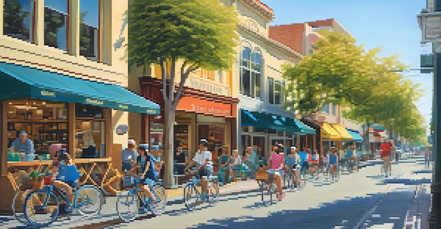 Tourists riding bikes past local shops in Redwood City, enjoying the city atmosphere.