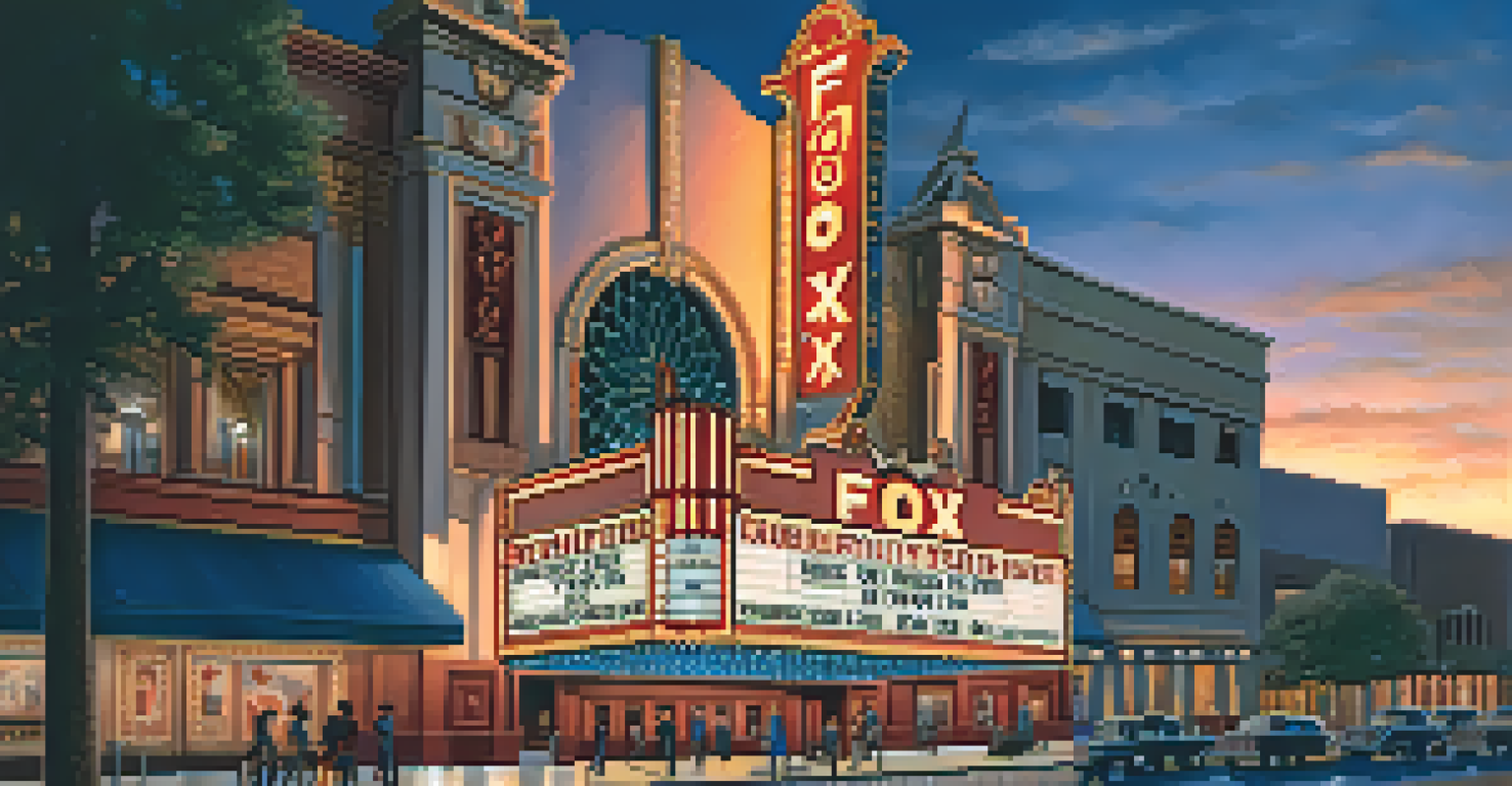 The exterior of the Fox Theatre in Redwood City at dusk, with glowing marquee lights and a crowd gathered outside.