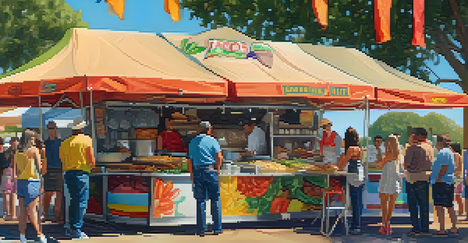 A close-up view of a food stall at a festival, featuring an assortment of delicious dishes and happy customers enjoying their meals.