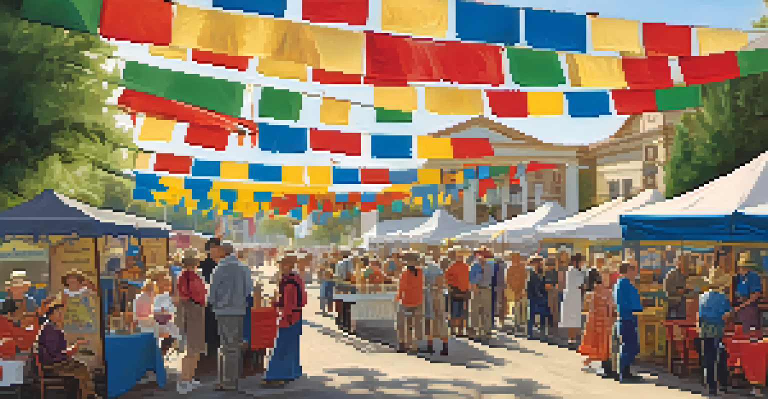 A lively heritage festival in Redwood City with colorful booths and attendees engaged in local history.