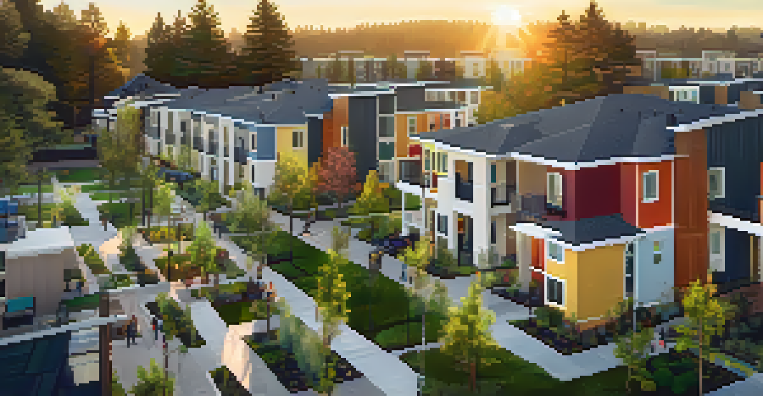 Aerial view of a modern affordable housing complex surrounded by greenery and parks during sunset.