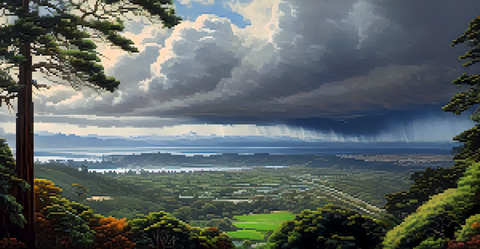 A scenic view of Redwood City with lush greenery and wetlands during a rainy winter, set against the Santa Cruz Mountains and dark rain clouds.