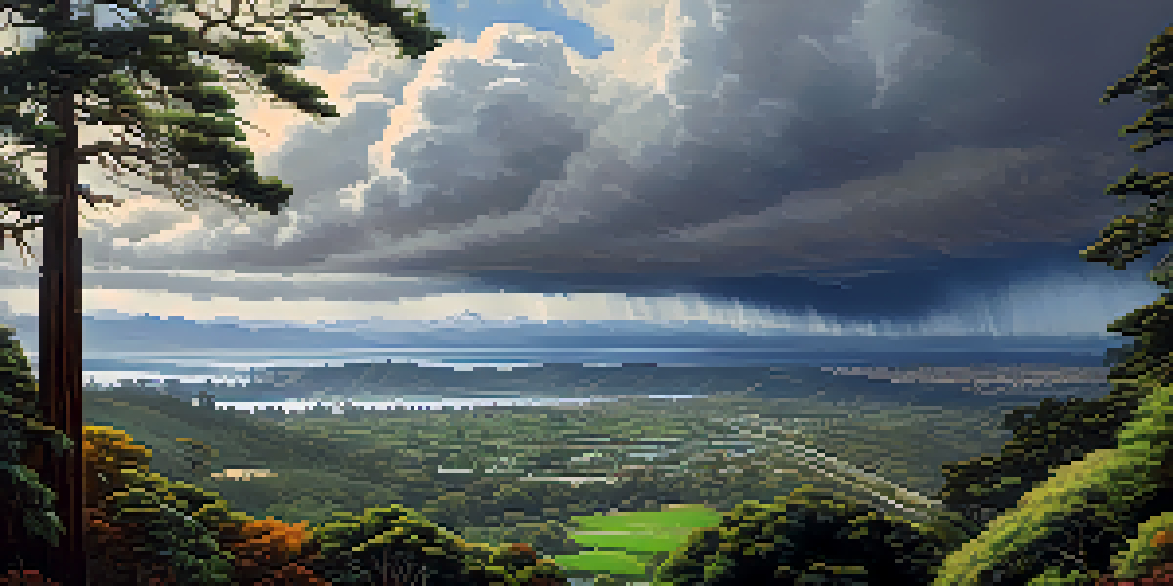 A scenic view of Redwood City with lush greenery and wetlands during a rainy winter, set against the Santa Cruz Mountains and dark rain clouds.