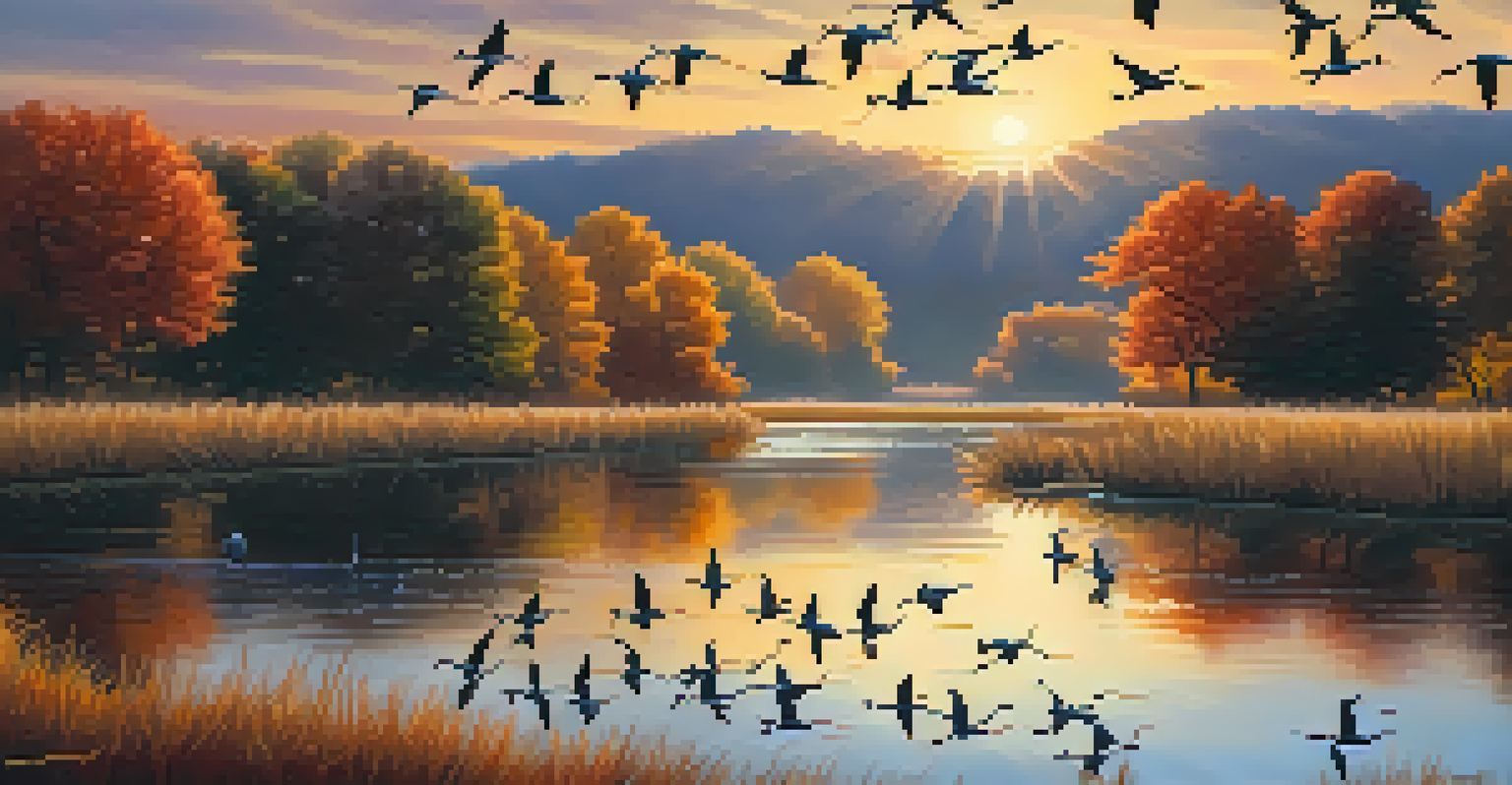 Sandhill Cranes flying in a V formation against a colorful autumn sky and a tranquil lake.