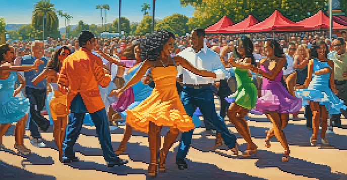 A lively salsa festival with dancers in colorful outfits and a joyful crowd enjoying music at sunset.