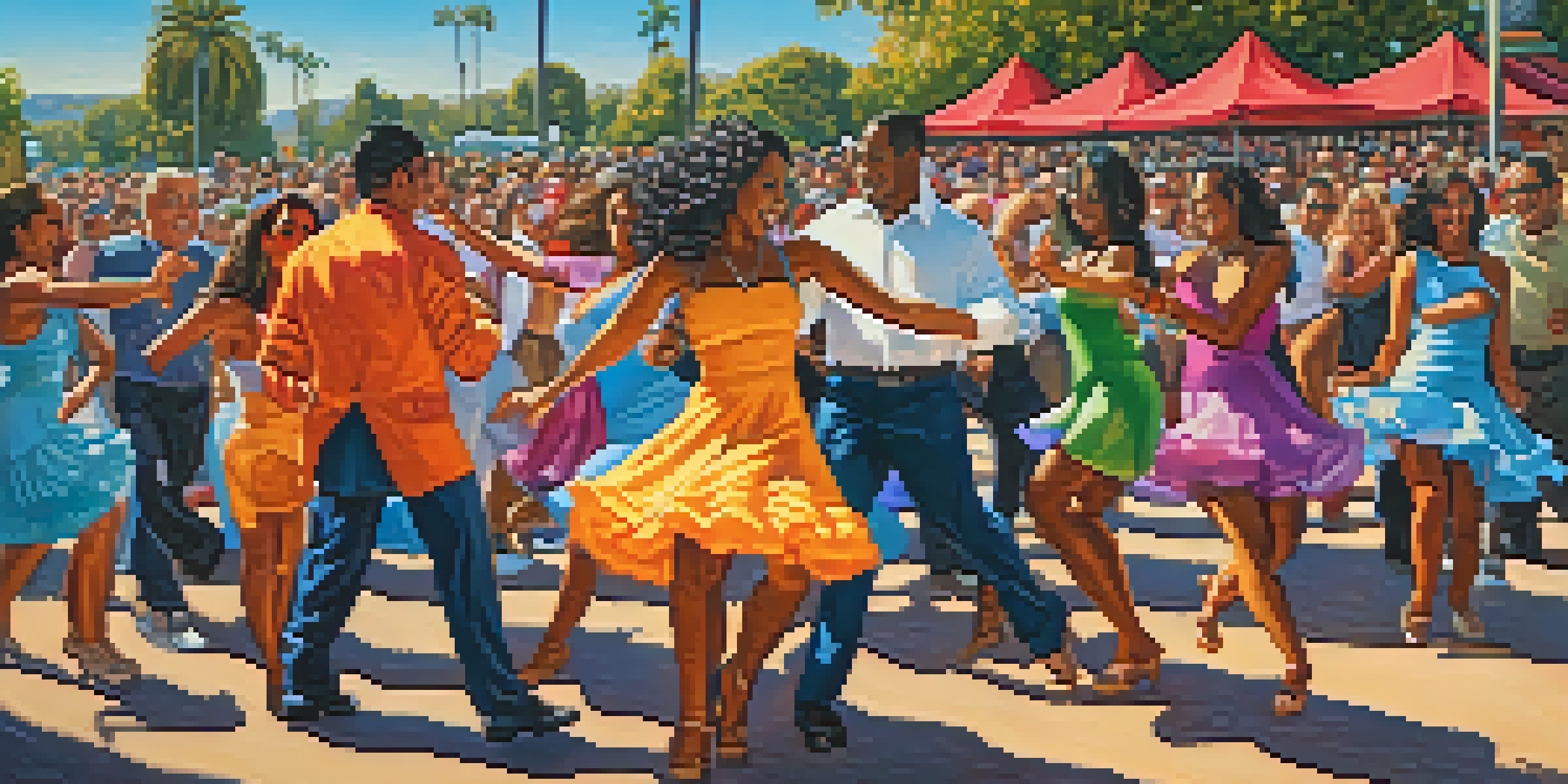 A lively salsa festival with dancers in colorful outfits and a joyful crowd enjoying music at sunset.