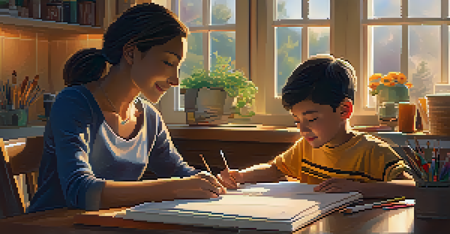 A parent and child working together on an e-learning project at a table filled with books and supplies, under warm evening light.