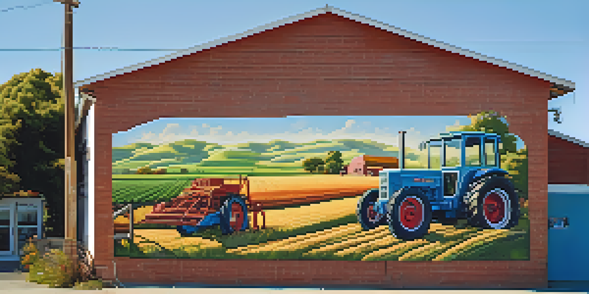 A colorful mural illustrating the agricultural history of Redwood City, with green fields and vintage farm equipment under a blue sky.