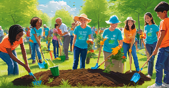 A community tree planting event in a sunny park with diverse residents planting young trees and smiling together.
