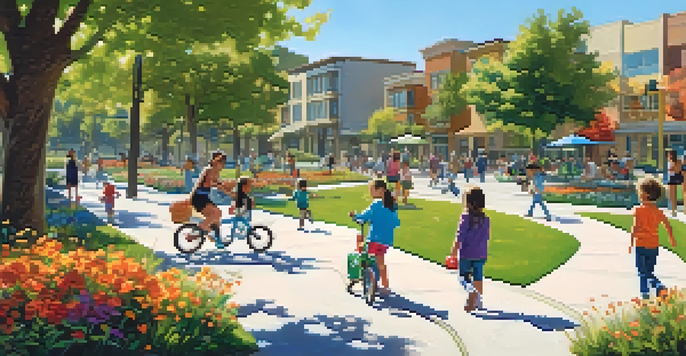 A lively park scene in Redwood City featuring children, families, and joggers amidst greenery and colorful flowers, with modern buildings in the background.