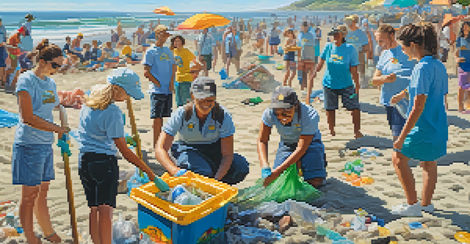 Volunteers of diverse backgrounds cleaning a sunny beach, with colorful trash bags filled with litter and people engaging joyfully in the background.