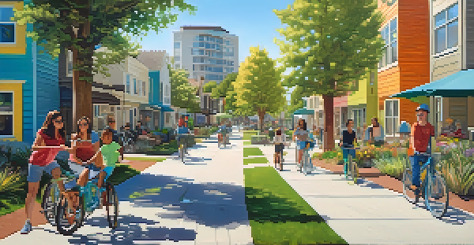 A sunny urban park in Redwood City with diverse families and modern affordable housing, featuring solar panels and people on bicycles.