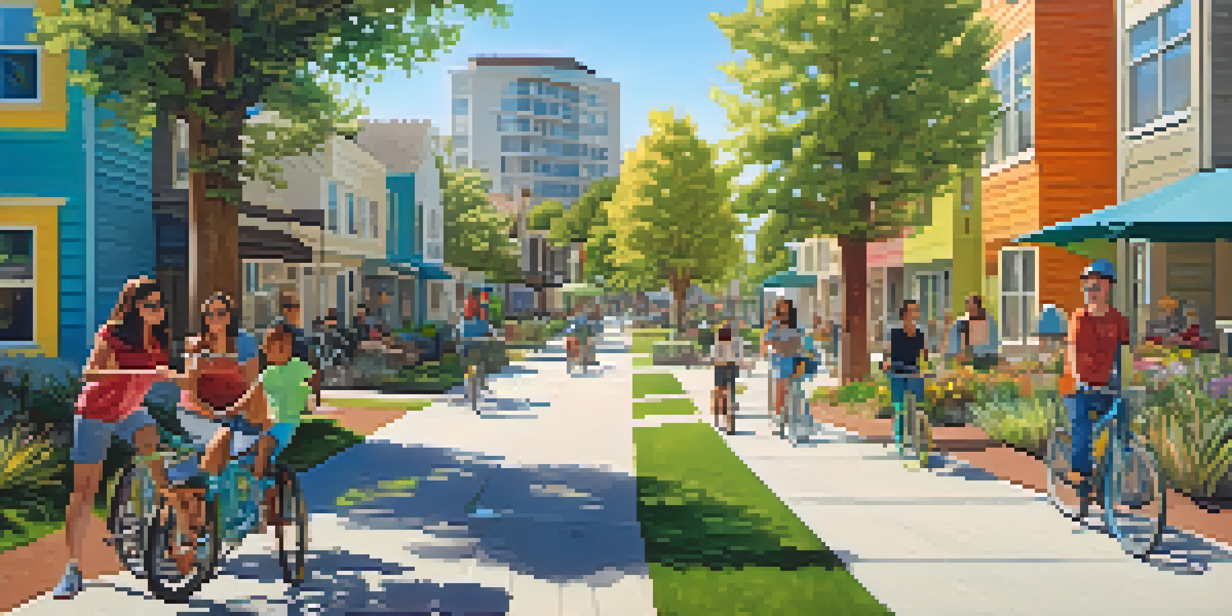A sunny urban park in Redwood City with diverse families and modern affordable housing, featuring solar panels and people on bicycles.