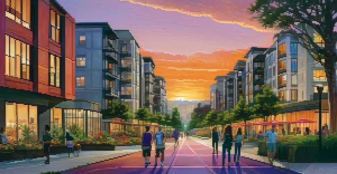 A sunset view of Redwood City with modern buildings and green parks, featuring people walking on a path.