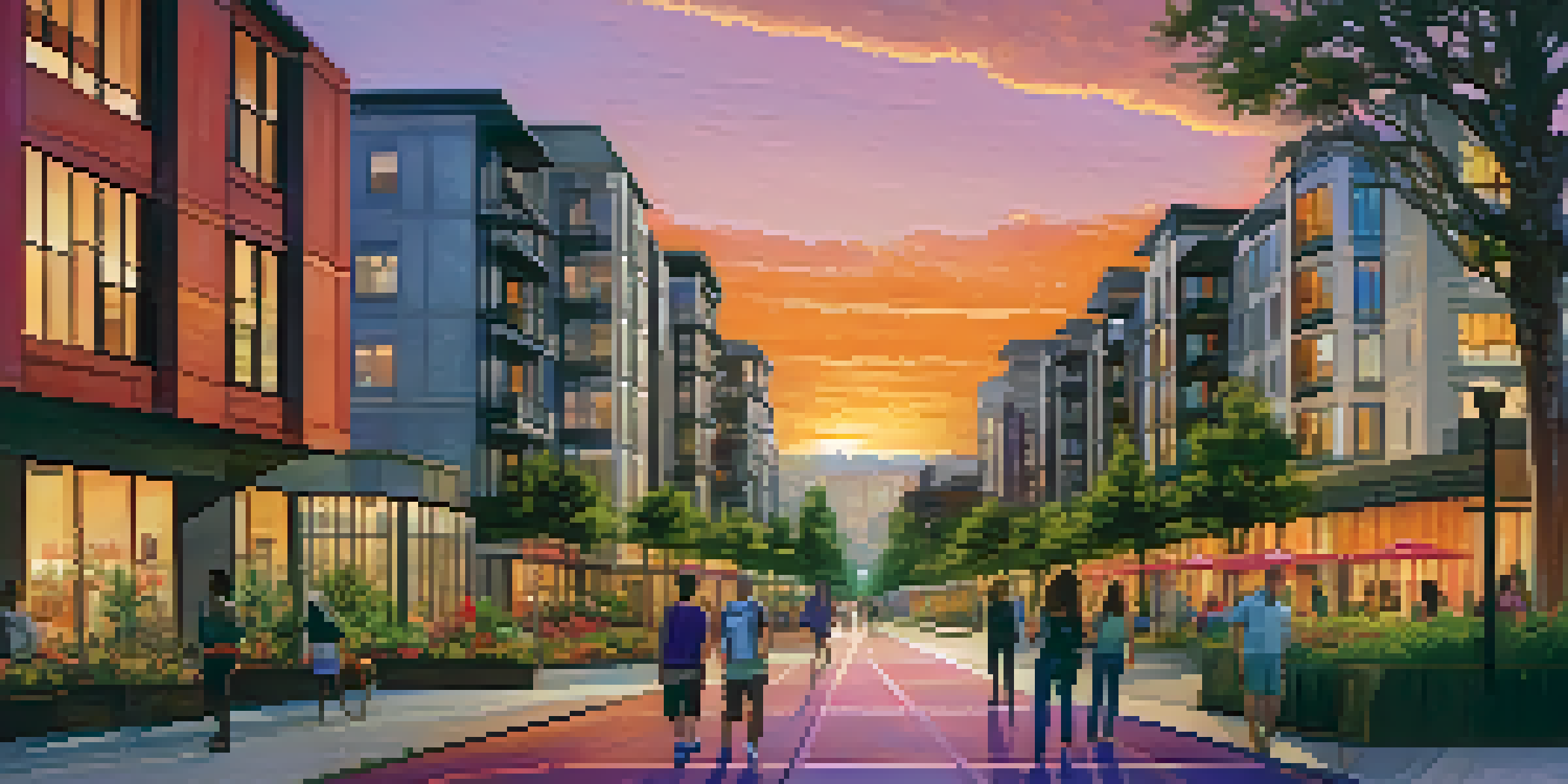 A sunset view of Redwood City with modern buildings and green parks, featuring people walking on a path.