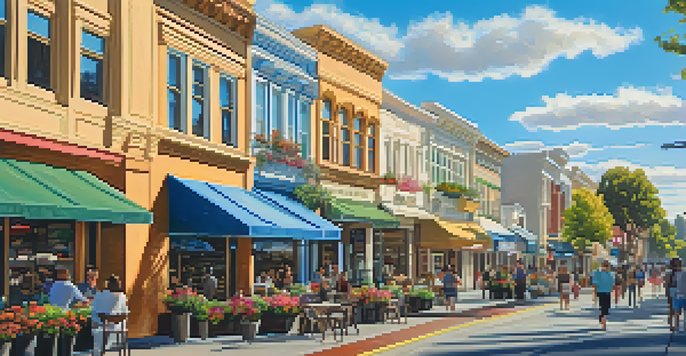 A lively street scene in Downtown Redwood City with historic buildings, modern shops, outdoor cafes, and colorful flowers under a blue sky.