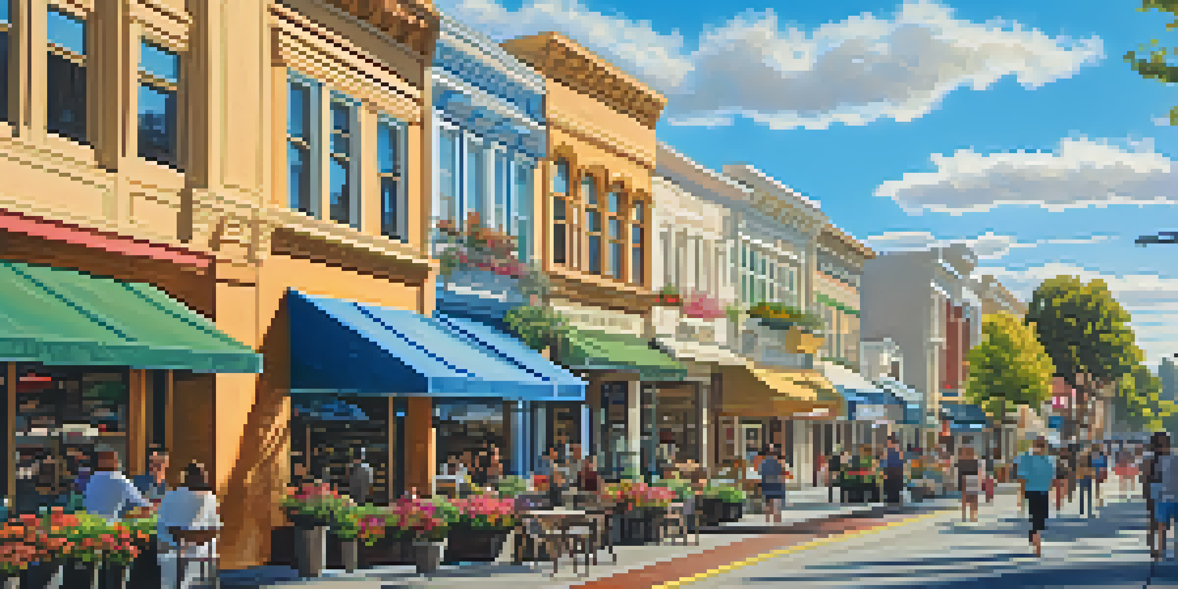 A lively street scene in Downtown Redwood City with historic buildings, modern shops, outdoor cafes, and colorful flowers under a blue sky.