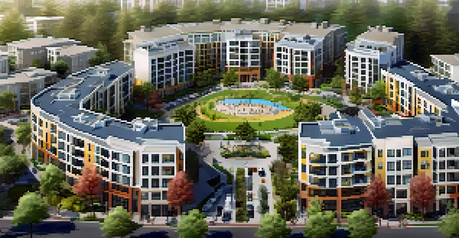 Aerial view of a mixed-use development in Redwood City, showcasing modern buildings, green parks, and families enjoying the outdoor spaces.